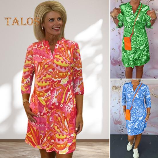 Damenkleid mit V-Ausschnitt, 3/4-Ärmeln, A-Linien-Kleid, leuchtende Farben, bedruckt, knielanges Kleid, Urlaub, Freizeitkleidung