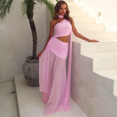  Summer New European and American Women's Clothing Solid Color Diagonal Neck Sexy Waist Irregular Streamer Hip Dress