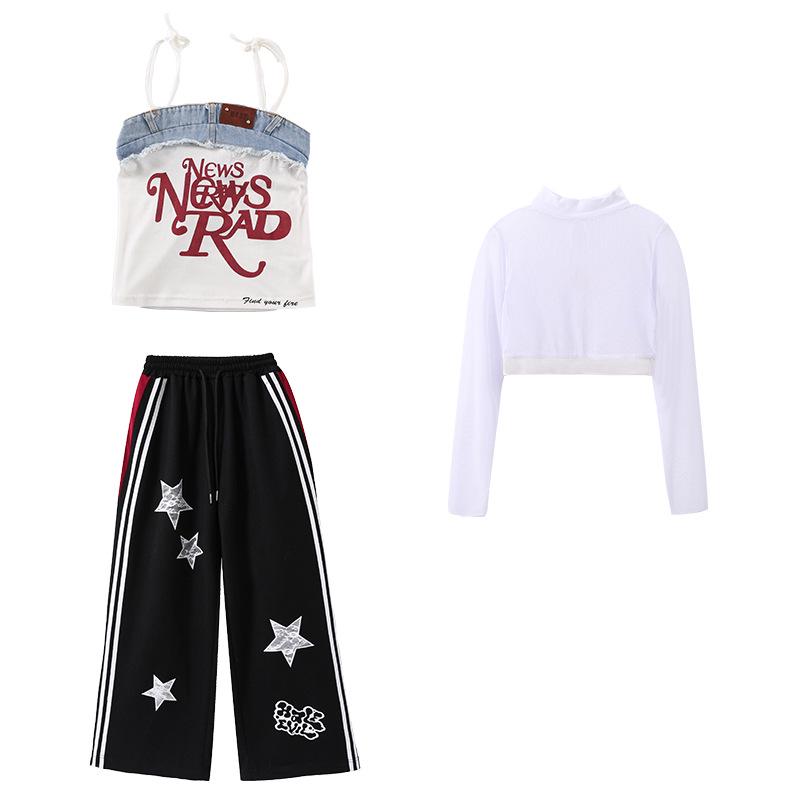 Kids' Street Dance Trendy Outfits: Color Block Hip Hop Tops & Denim Work Pants for Girls & Boys