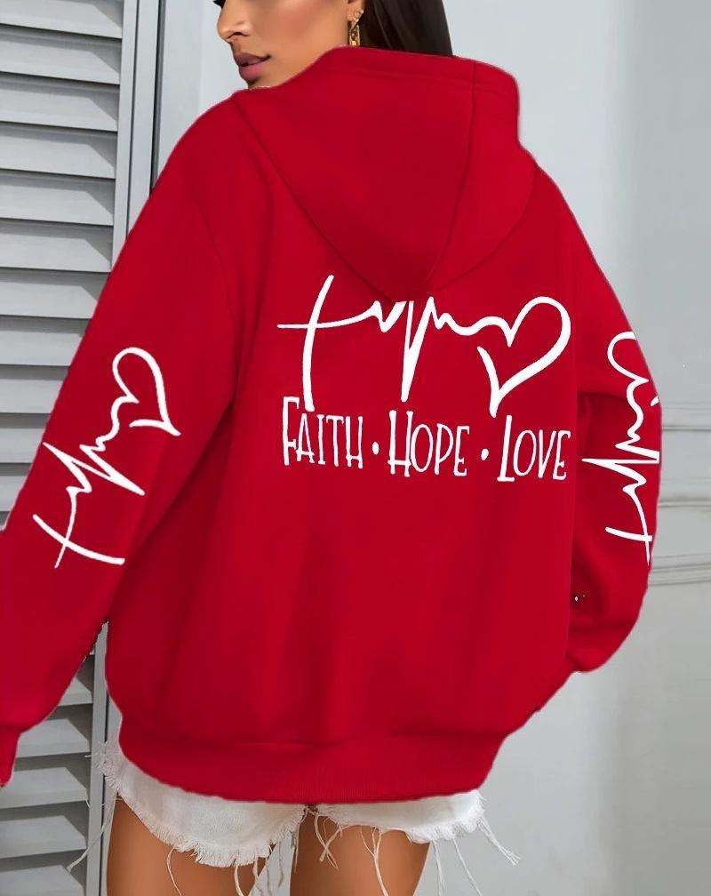 Faith Hope Love Letter Pattern, Printed Women'S Hoodie Autumn Loose Casual Pocket Fleece Pullover