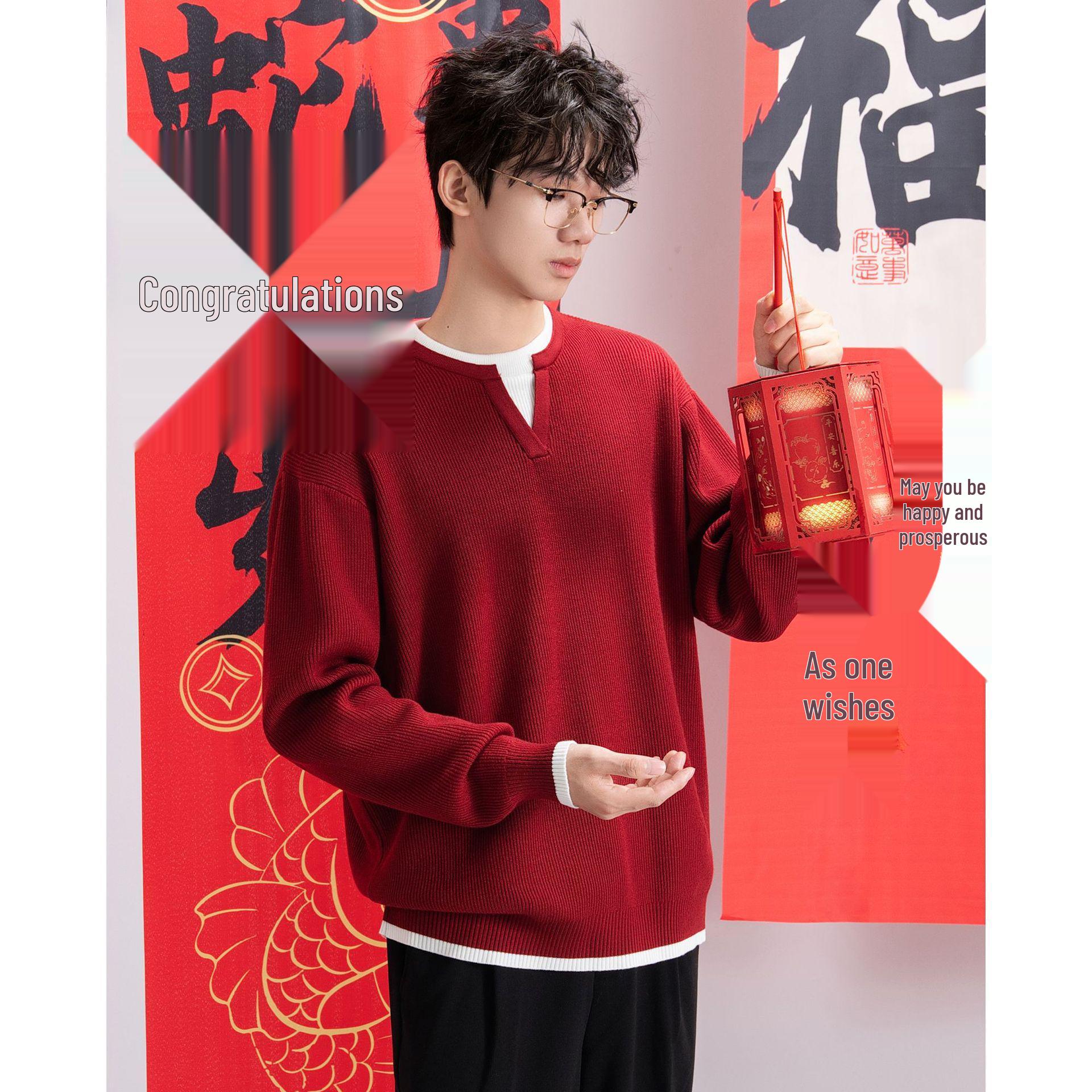 

Men s Korean Style Faux Two-Piece Christmas Sweater - Red Knitwear for Autumn/Winter Teens L червоний