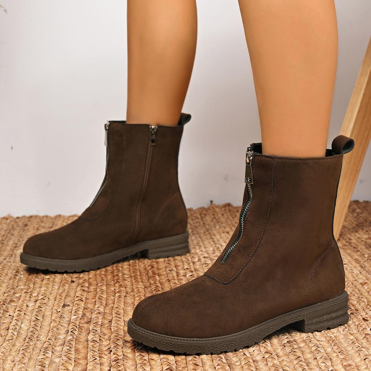 

Замшевые ботинки женские короткие ботинки 2025 новая осень и зима толстый каблук тонкие ботинки черные ботинки на боковой молнии большой размер средний каблук 43 темно-коричневого