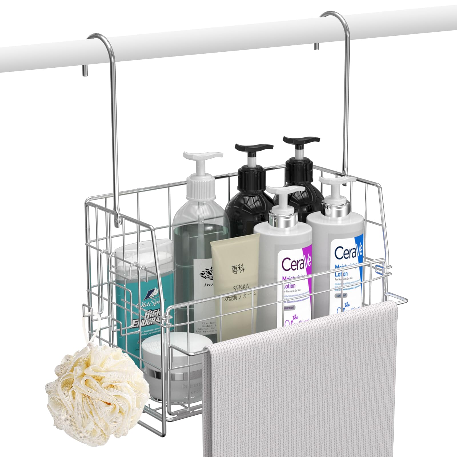 

Large Capacity Stainless Steel Hanging Bathroom Rack with Towel Hanger and Accessory Hooks, Assembly Required