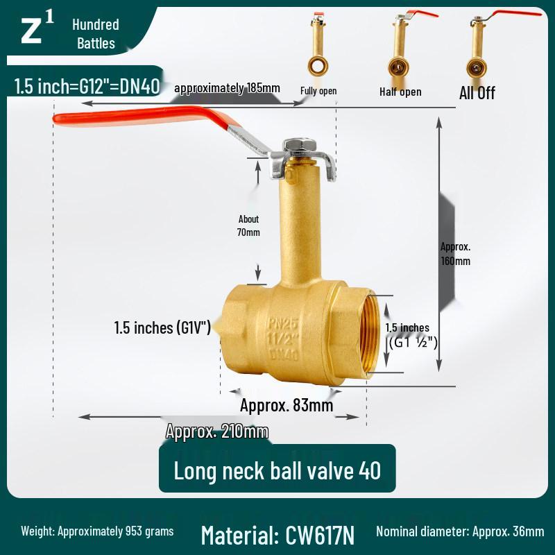 All-Copper High-Stem Straight-Through Ball Valve, 1 Inch, Double Internal Thread, 50 High Neck, Thickened Copper, Dn25.
