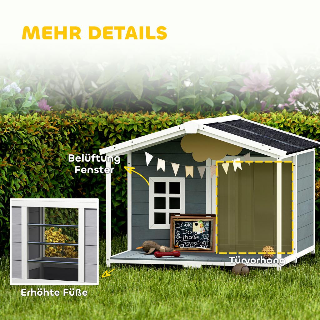 Dog House Weatherproof Elevated Dog House Made of Wood with Asphalt Roof, Terrace, for Medium-Sized Dogs 103x107x83.5cm Grey