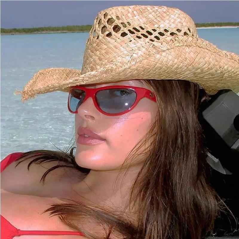 My Extreme Outdoor Activities Women's Hand Woven Raffia Hat Summer Simple Western Cowboy Straw Hat Lady Ins California Girl Seaside Vacation Curled Brim Sun Hat 55-58Cm