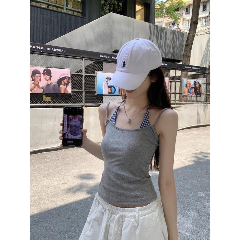 Kumikumi Design Sense Plaid Patchwork Vest Sling Women Summer Niche Temperament Chic Slimming Outer Wear Top