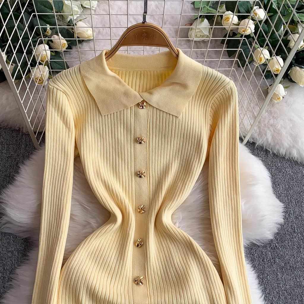 Women Dress Autumn Winter Vintage Turn-down Collar Long Sweater Dress Elegant Office Lady Dresses Chic Party Vestidos