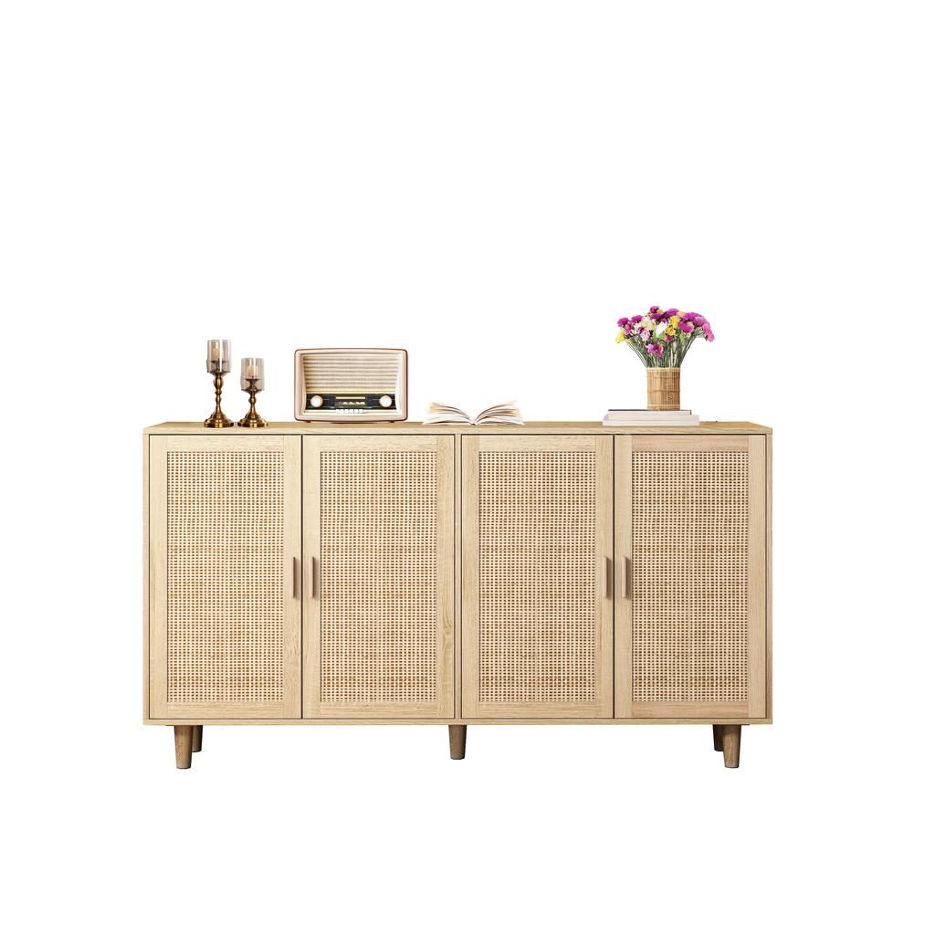158CM Elegant and Functional 4-Door Rattan Decorative Storage Cabinet,for Bedroom,Living Room,Office
