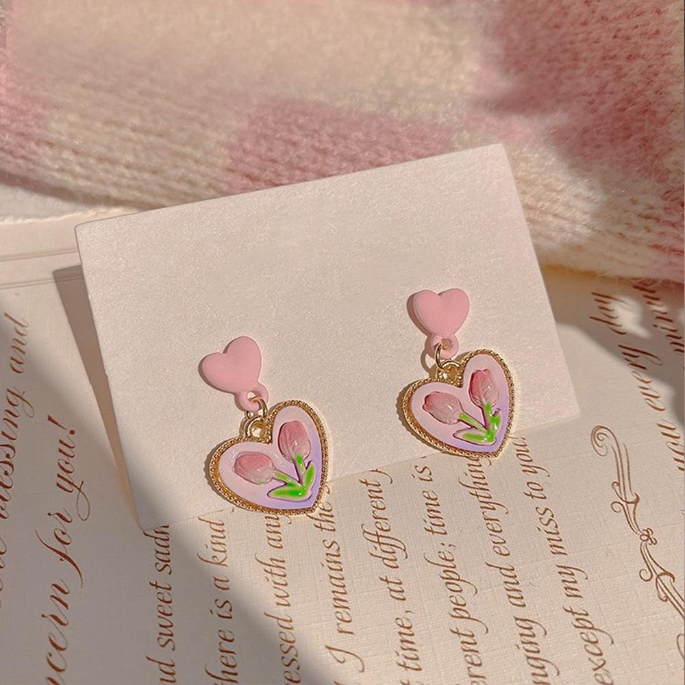 IF ME Retro Vintage Pink Heart Flower Earring for Women Korean Stud Earrings Accessories Jewelry Gifts