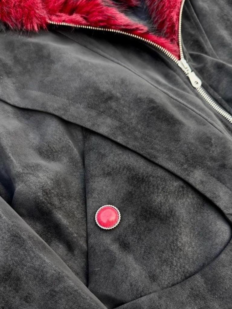 2025 Winter Weinrot Retro Kapuzenmantel mit Pelzkragen Baumwollmantel - Kurzer Reißverschluss Breite Jacke