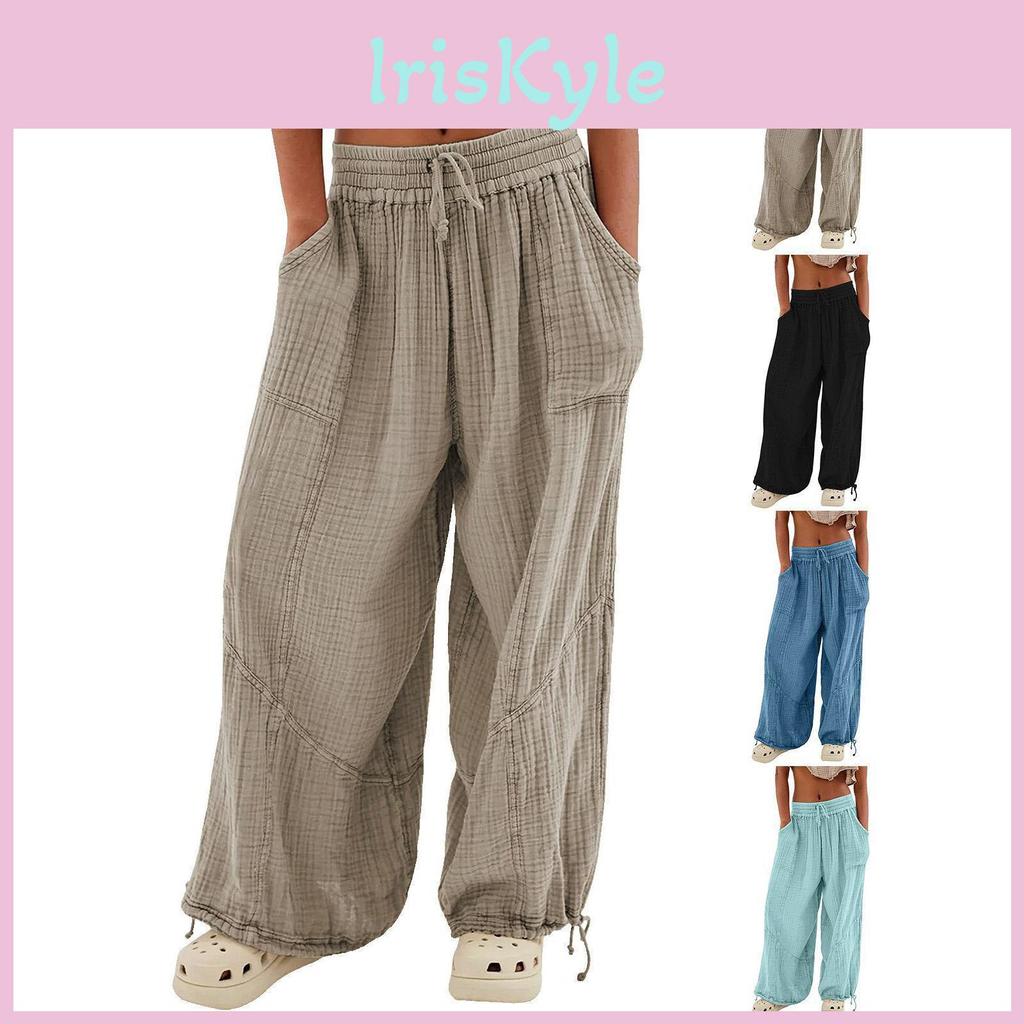 Pants Summer Casual Women Harem Vintage Pants Elastic Waist Wide Leg Fashion Loose Pockets Female Trousers