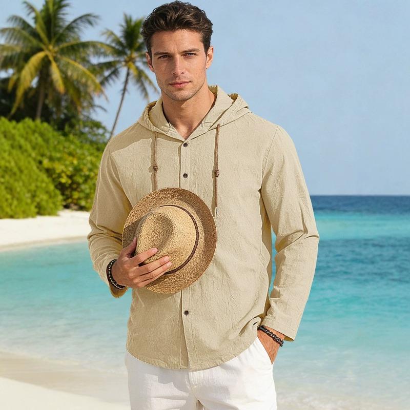 Men's 100% Cotton Hooded Drawstring Shirt, Solid Color Loose Fit Long Sleeve Casual Beach Overshirt for Men