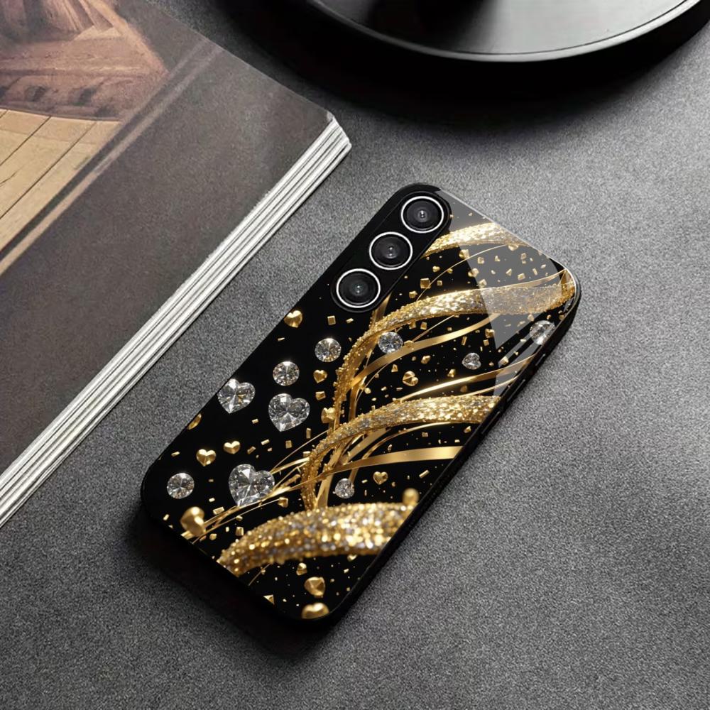 Metallische Farbe Glas Handyhülle für Samsung Galaxy S26 S25 S24 S23 S22 S21 Ultra Plus FE 5G Gold Diamant Herz 2D UV-Druck