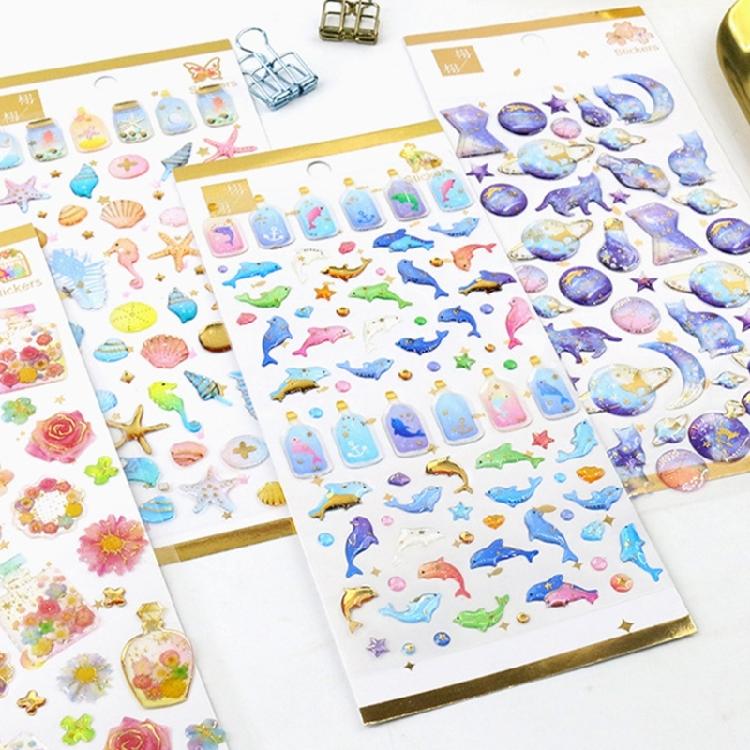 6Sheets Gold Foil Embossed Sticker Clear Cartoon PVC Resin Decorative Sticker for Journal Notebook Scrapbooking Supplies