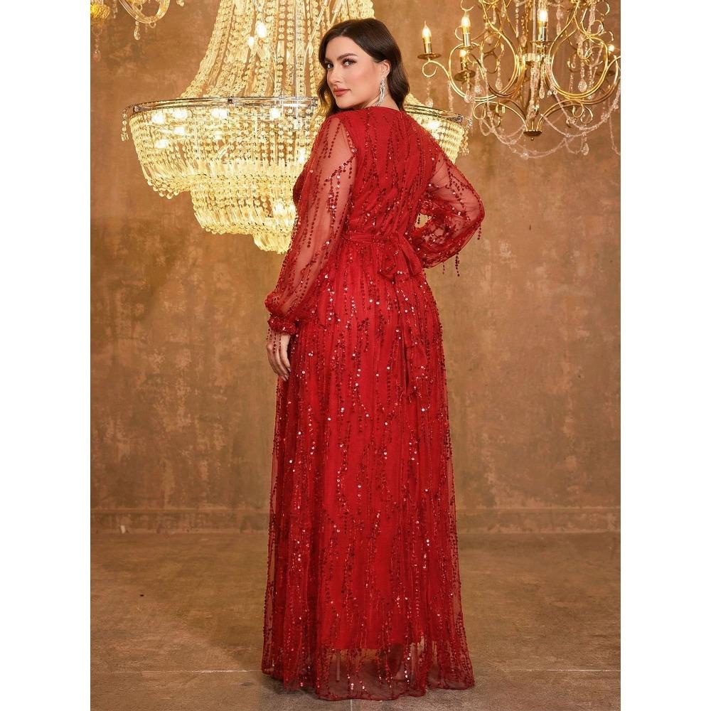 Plus Size Womens Elegant Sequined Bridesmaid Dress V-Neck Long Sleeve Slit Fitted Temperament Wedding Party Dress