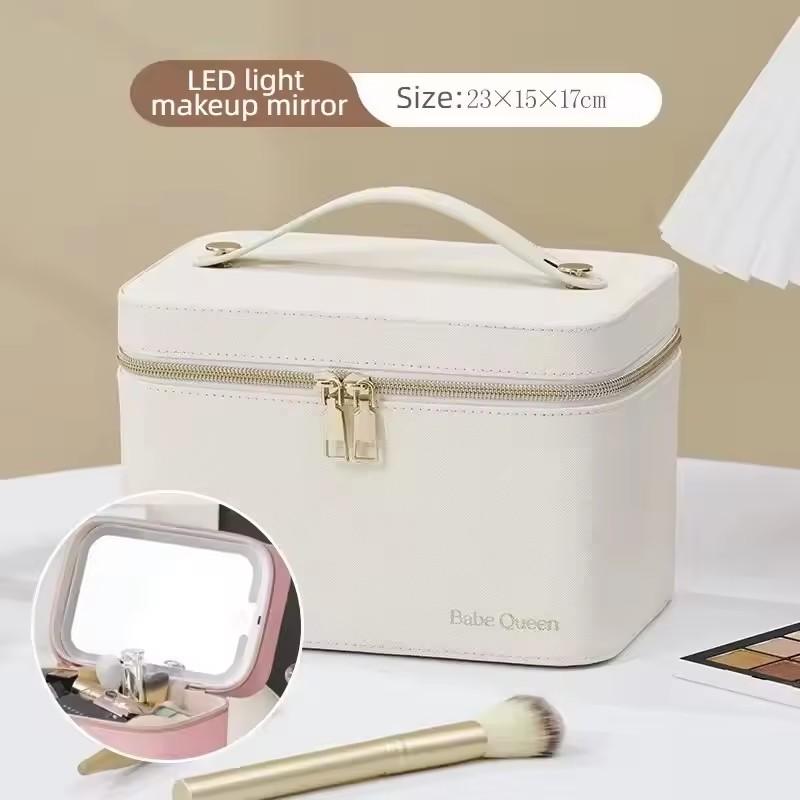Travel PU Makeup Bag With Led Mirror Portable Cosmetic Case With Mirror And Light Travel Rechargeable Makeup Bag With Led Light
