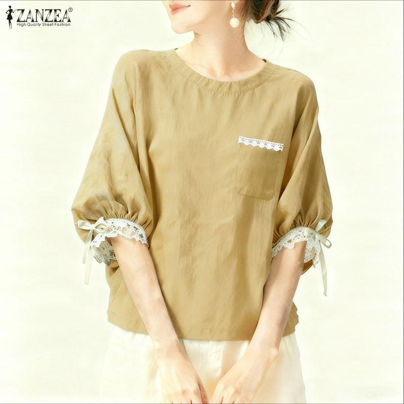 ZANZEA Women Casual Round Neck Lace Splice 3/4 Sleeve Blouse