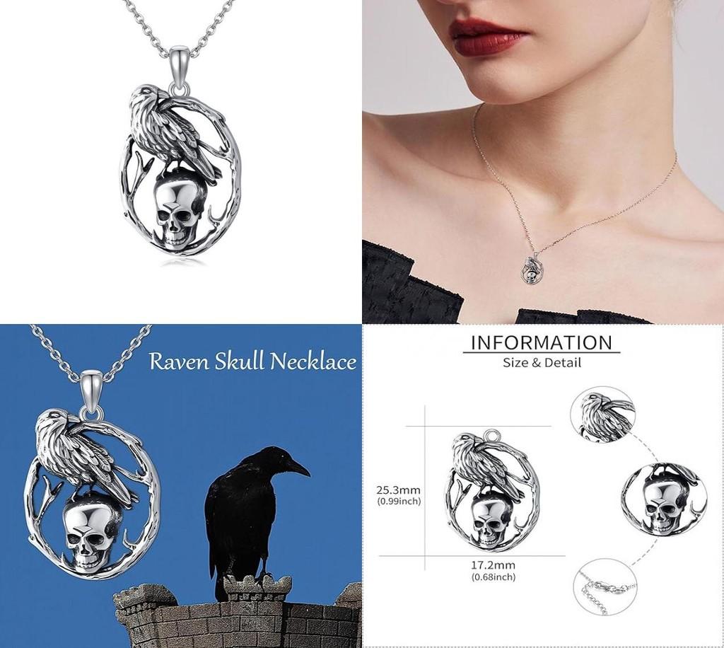 Halloween Skull Pendant Necklace With Crow Shape Design For Gothic Fashion Enthusiasts
