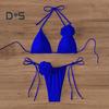 2Pcs/Set Women Bikini Set Lace-up Halter Padded Bra Swimming Trunks Set 3D Flower Decor Beach Style Swimwear