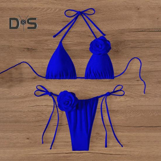 2Pcs/Set Women Bikini Set Lace-up Halter Padded Bra Swimming Trunks Set 3D Flower Decor Beach Style Swimwear
