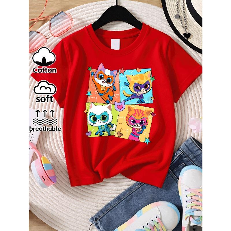 European Sizes Super Cat Heroes Adventure Girls T-Shirt Soft & Comfortable Everyday Top, Suitable for Home, Outdoor, and Sports Activities