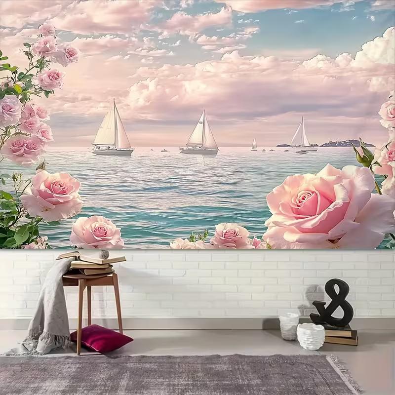 2D Floral Ocean Sailboat Tapestry for Bedroom & Living Room