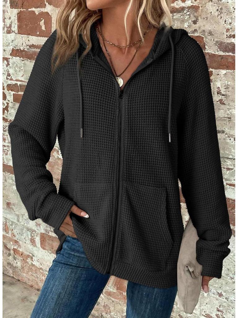 2025 Women's Waffle Knit Hooded Sweatshirt - Autumn/Winter Casual Long Sleeve with Drawstring