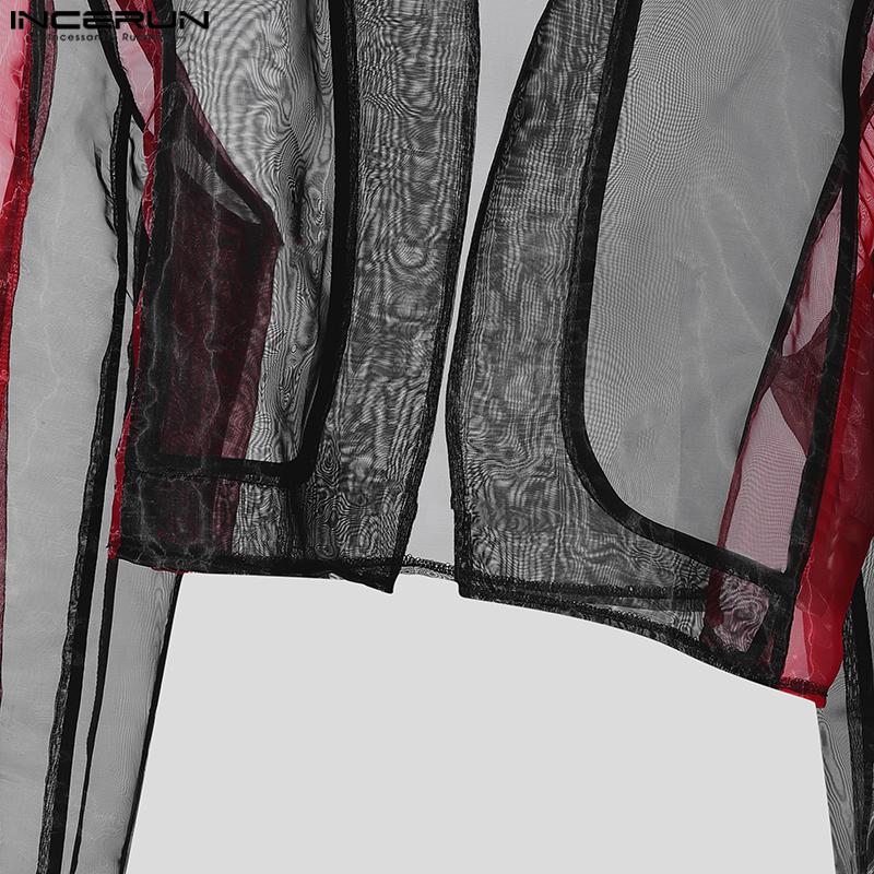 INCERUN Sexy Men Stitching Perspective Long-sleeved Mesh T-shirt Tops