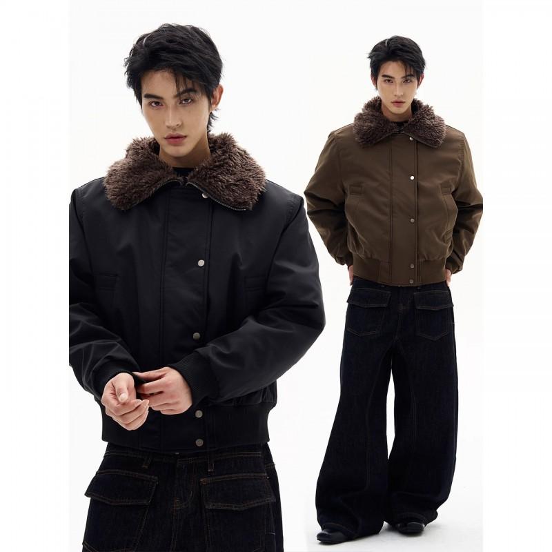 Winter Thickened Cotton Puffer Jacket With Faux Fur Collar Unisex Oversized Hoodless Coat Men Women