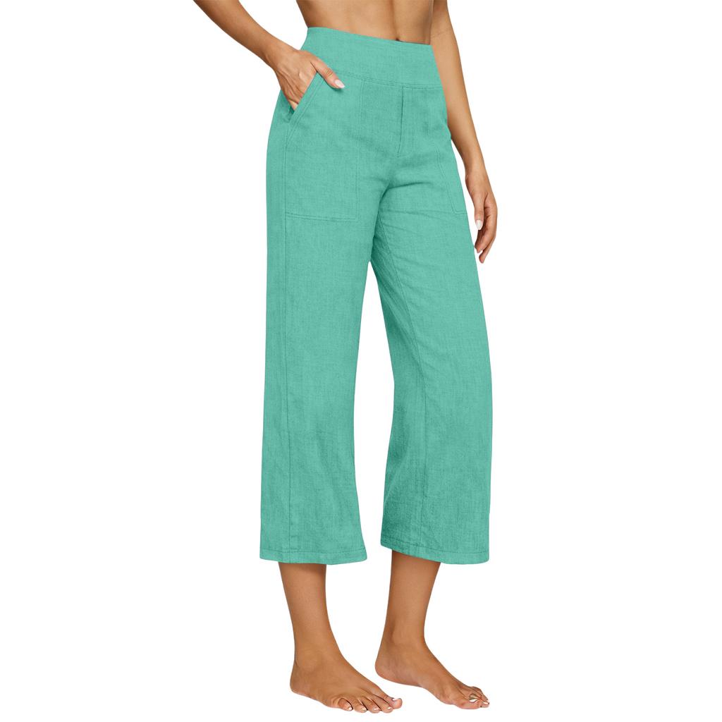 Women's Fashionable Loose-Fit Pocket Cotton-Linen Blend High-Waisted Wide-Leg Pants Casual Cropped Trousers