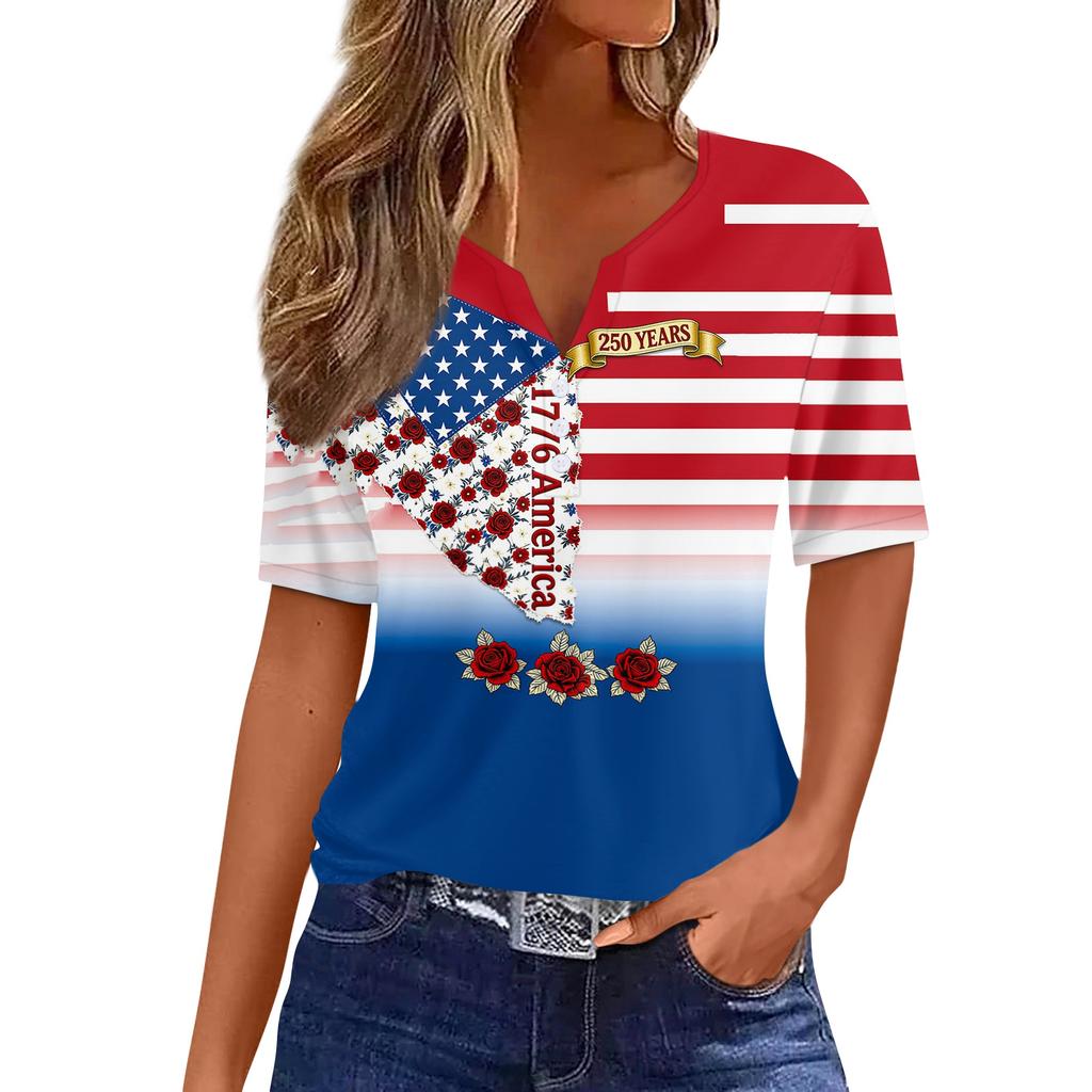 Women’s Short Sleeve V Neck Top with 1776 America Flag Print Stripes and Roses 250 Years Commemorative Shirt