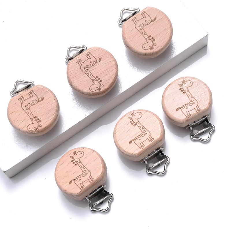 5Pcs Beech Round Pacifier Clips Flower Heart Animal Rainbow Pattern Wood Pacifier Dummy Chain Holder Baby Nursing Chew Accesory