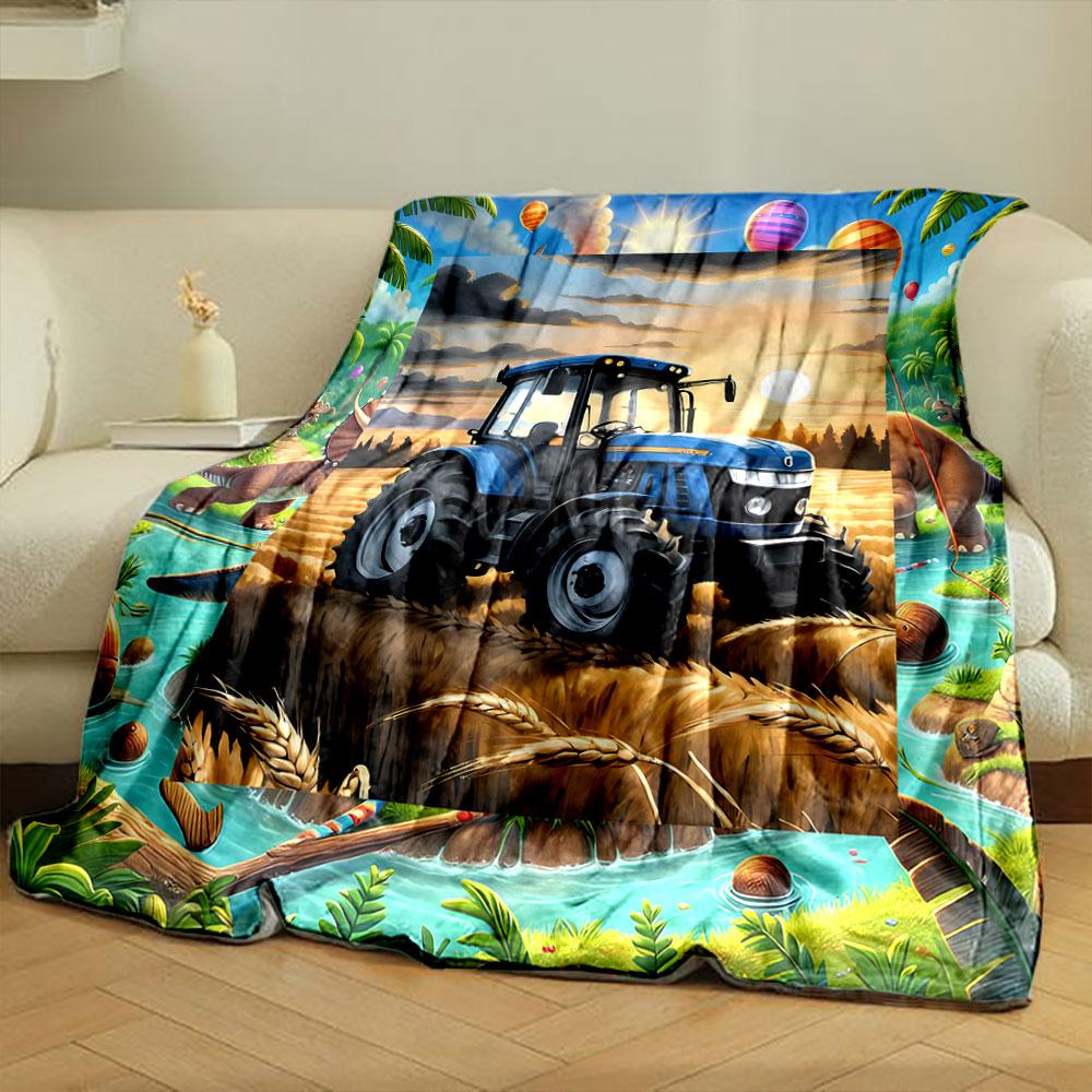 Blue Tractor Wheat Field Sunset Blanket bedroom Blanket for Livingroom Couch lunch break Soft throw for Friend's festival Gift
