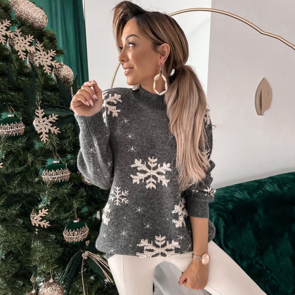 Women's Long Sleeve Turtleneck Christmas Printed Knitted Sweater Top T-Shirt