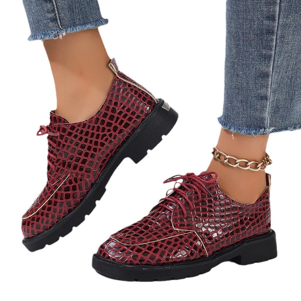 Foreign Trade Large Size Fashion Ankola Red Snake Pattern Leather Shoes Women's Casual Versatile Students Korean Version of the Trend Thick Heel Sma