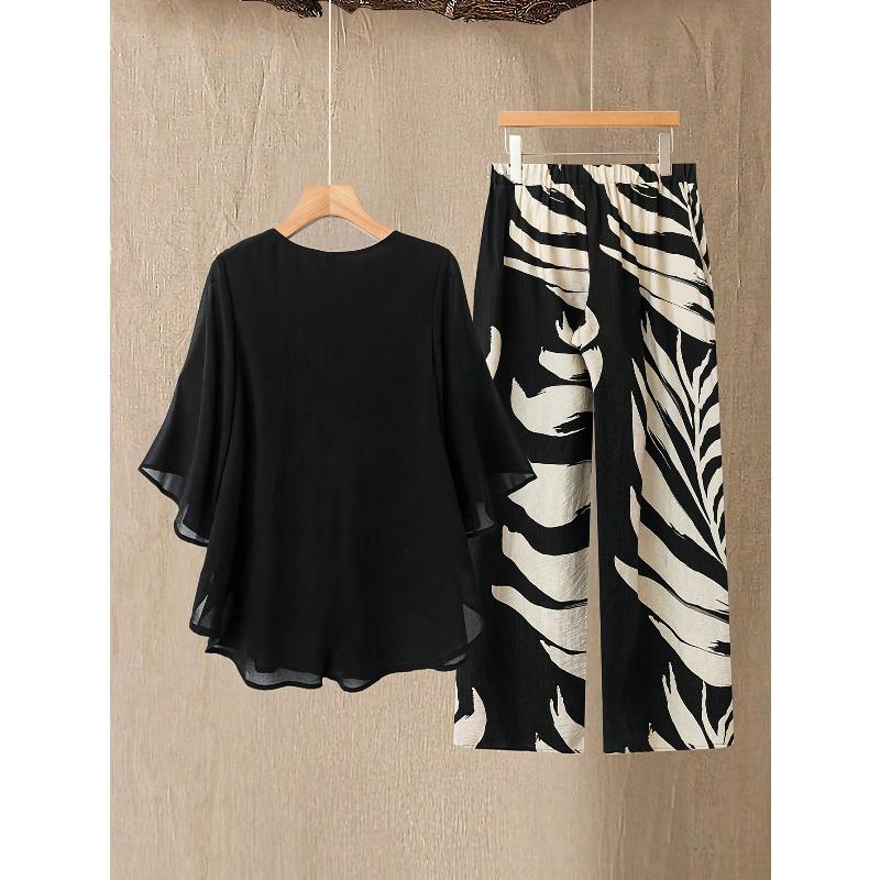 Damen Sommer Chiffon Kurzarm Zweiteiler Set in Übergröße – Elegantes Lockeres Oberteil und Hosen Outfit