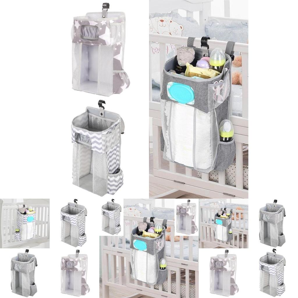 Gray Striped Baby Bedside Hanging Bag Ideal Storage Solution For Nursery