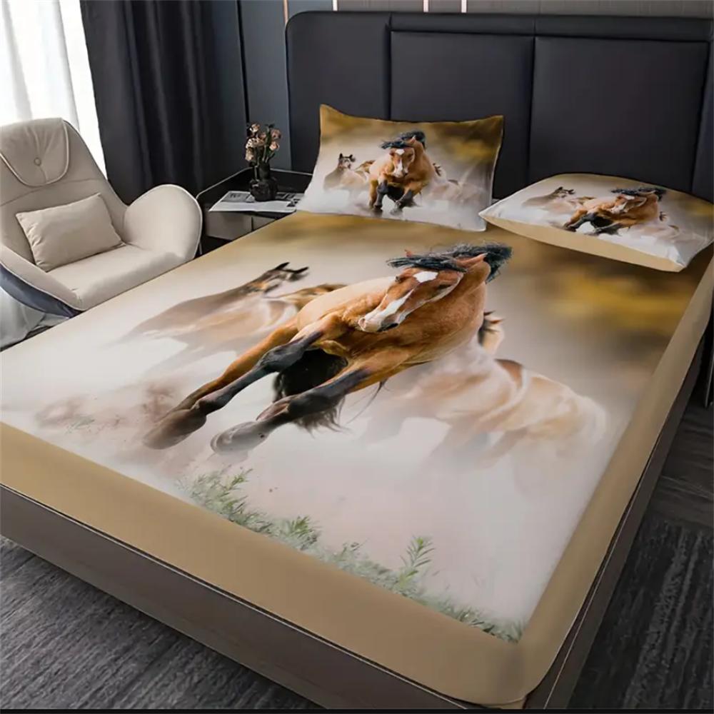 2/3pcs Vibrant Horse Natural Animal Sand Print Fitted Sheet Set - Soft 100% Polyester Material, Breathable, Hypoallergenic