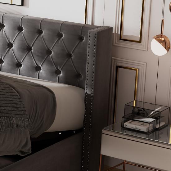 Multifunctional Double Bed Upholstered with Ear Shape, Row of Rivets, Flannel, Button Stitching at Head And Foot Ends, 180x200cm Hydraulic Functional