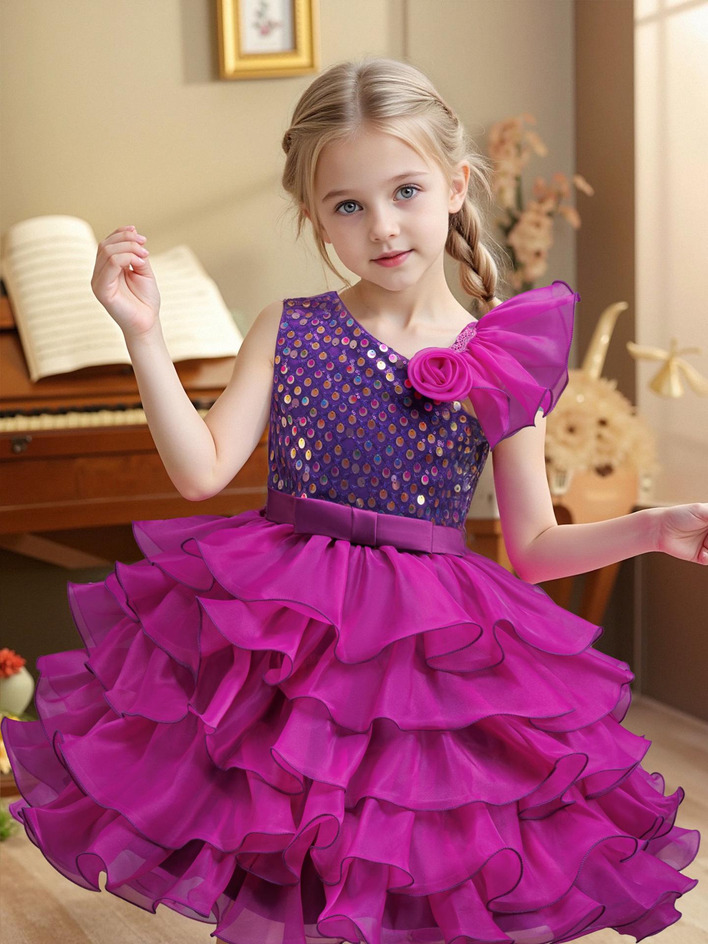 

Платья на выходные для девочек, детские платья средней и большой ростовки с косым плечом, помпонами и юбкой-тортом, короткое детское платье для выступлений 390, любимое платье девочки 150cm фиолетовый