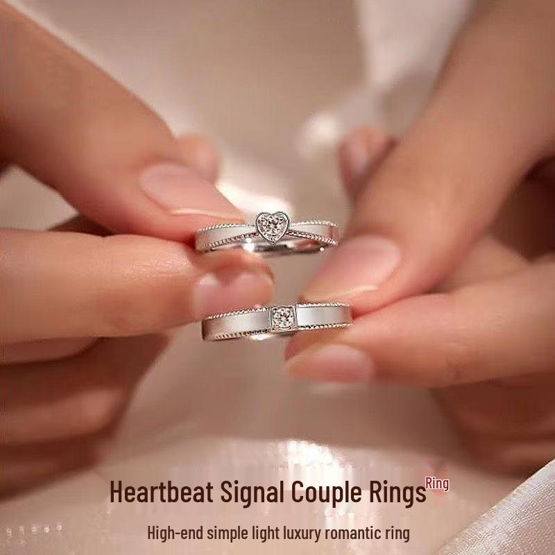 

Sterling Silver Platinum Plated Couples Adjustable Rings with Diamond Inlay - Elegant Gift Design. Open Adjustable