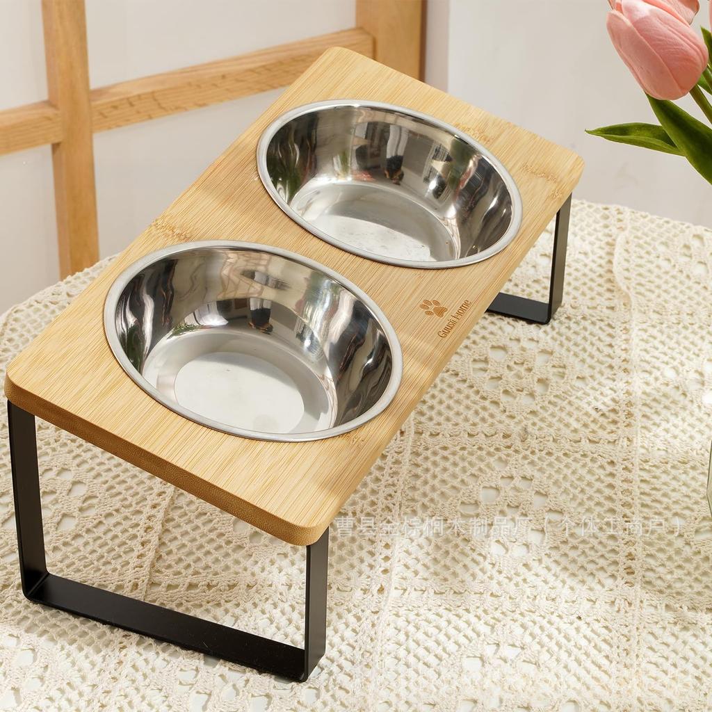 Wooden Pet Bowl Stand Ironwood Combined Double Bowl Cat and Dog Food Bowl Rack Heightened Cervical Protection Feeding Device