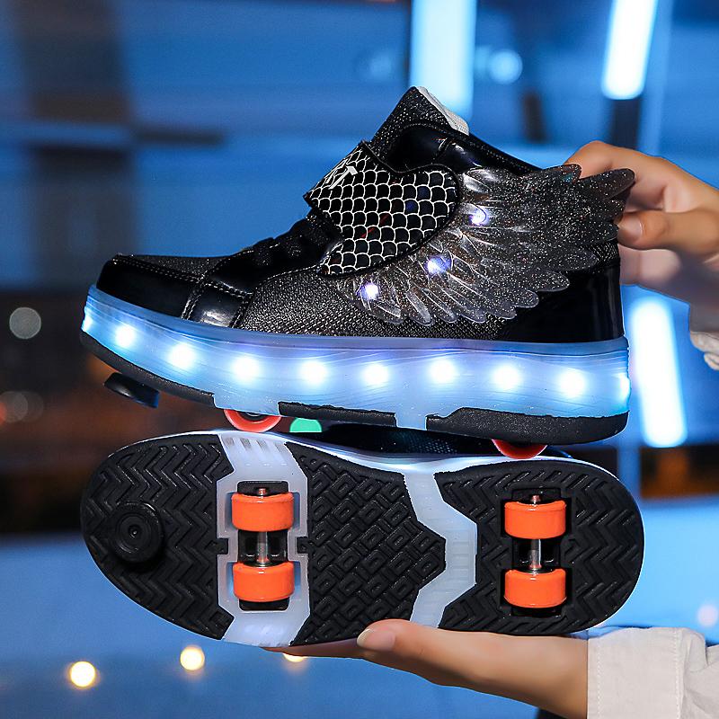 Kid's Four-wheel Detachable Flat Shoes Rechargeable LED Luminous Sports Shoes with Wings Children's Skates with Brakes Roller Skates sneakers