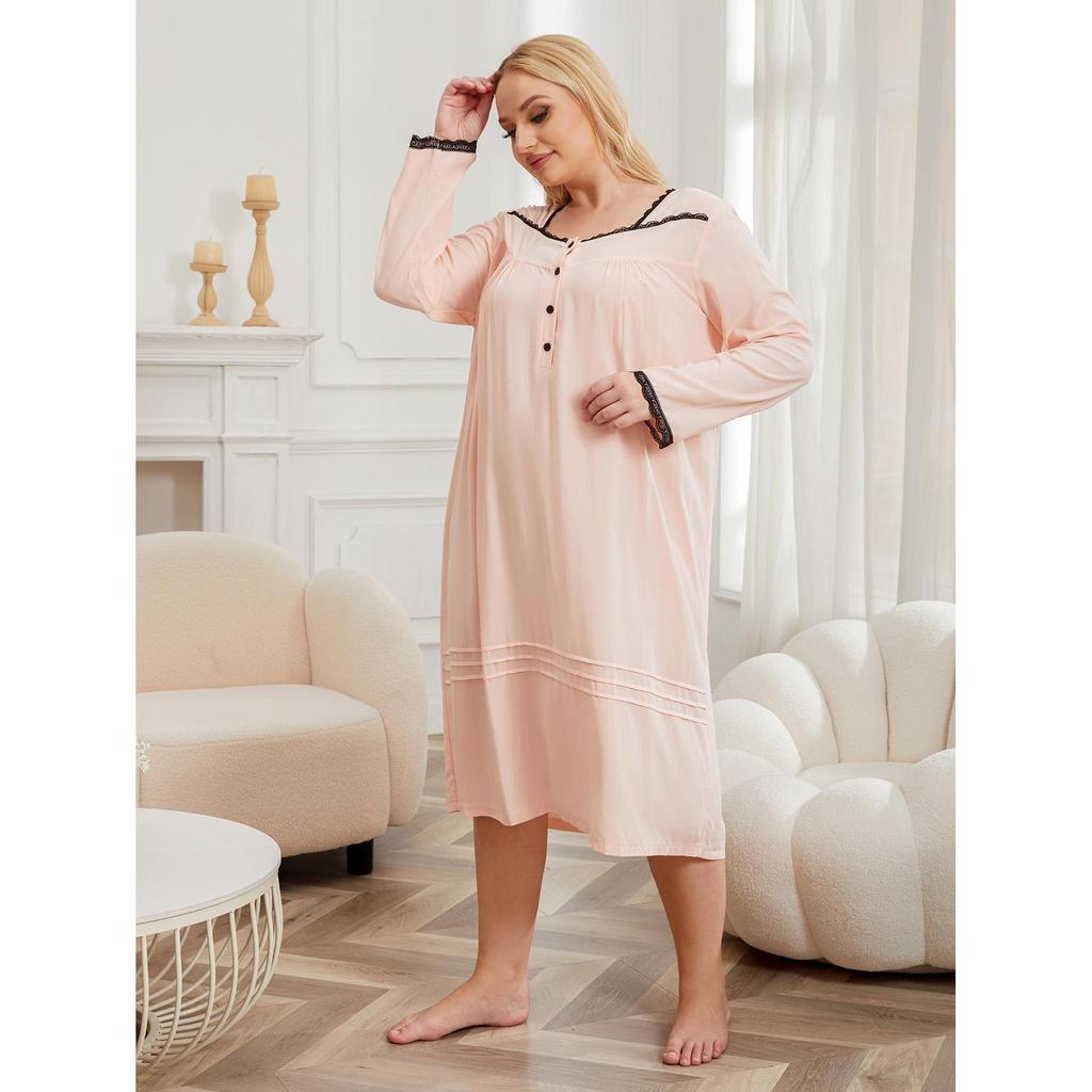 European and American large-size nightgown women's long fat mm lace edge thin long-sleeved loungewear pajamas