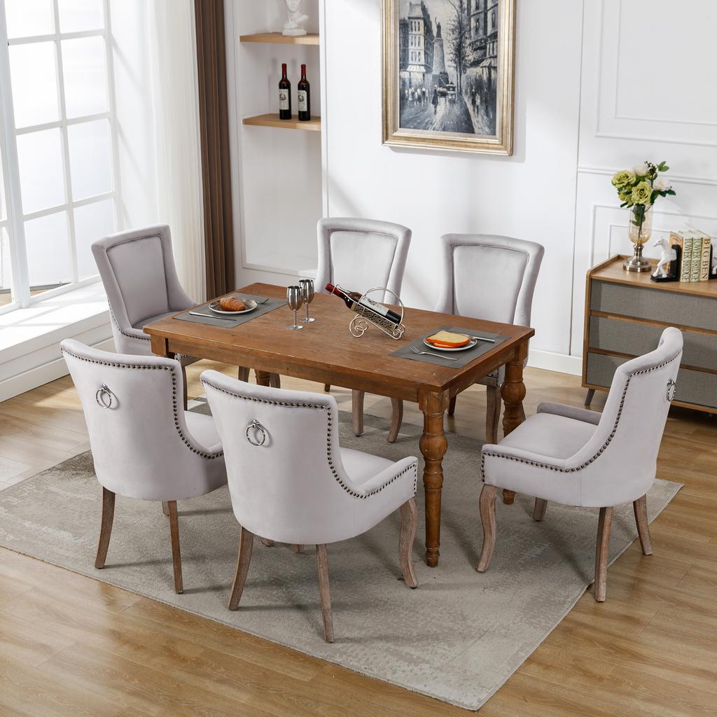 Luxurious Dining Chair (Kitchen Chair Living Room Chair, 6 pcs), Upholstered Chair with Nailhead Trim, Solid Wood Legs, Velvet Cover, Grey