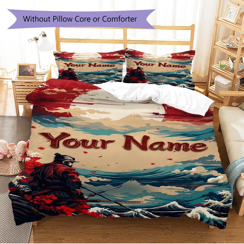 Name Custom Japanese Samurai Pattern Bedding Set Quilt Cover Pillowcase Home Decor Gift (1 * duvet cover + 2 * pillowcase, without core)