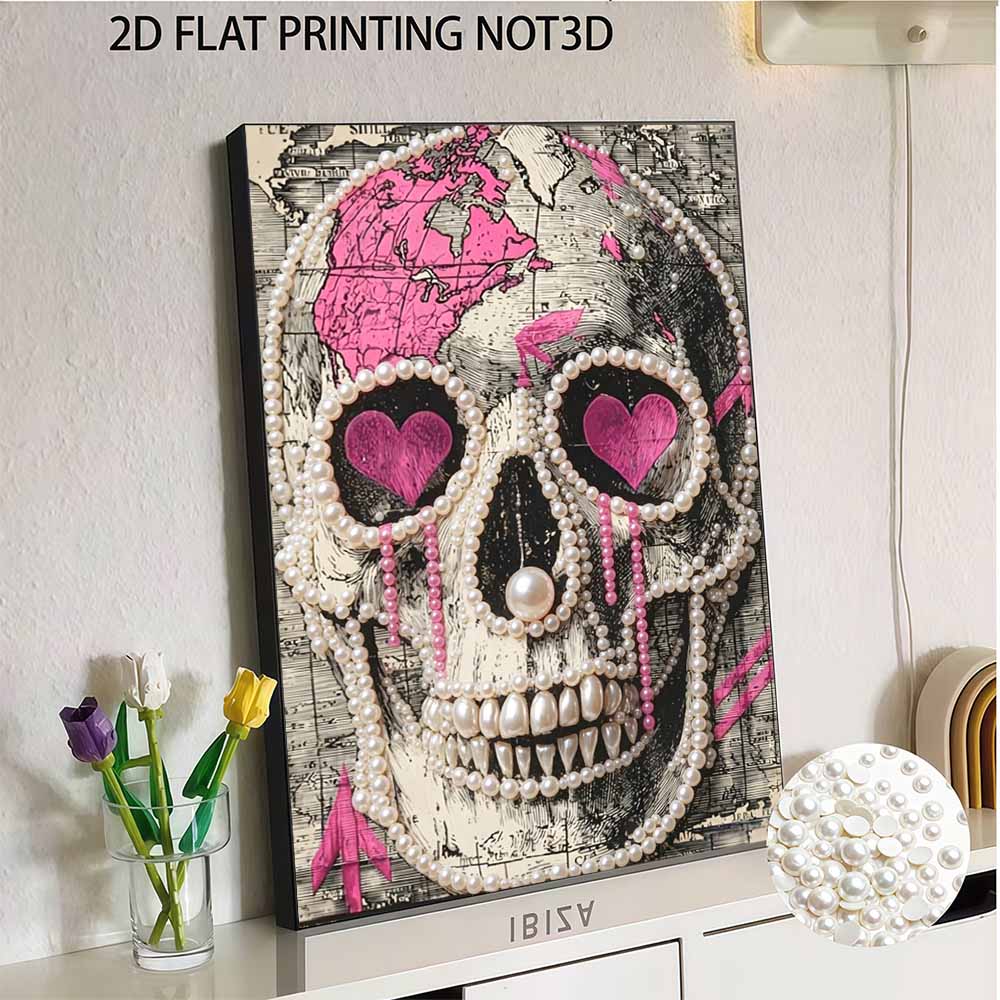 DIY Pearl Bead Art Canvas Pink Heart Skull Map Pattern Frameless 3D Painting Kit for Bedroom Living Room Wall Decor Home Art Gift