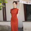 Long Red Chinese-Inspired Cheongsam Dress Women 2026 Vintage Style With Stand Collar Side Slit