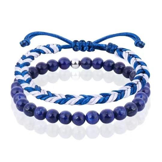 Father's Day Bracelet Set Men's Adjustable Diamond Knot 6mm Volcanic Stone Obsidian Tail Bead Lapis Lapis Bracelet